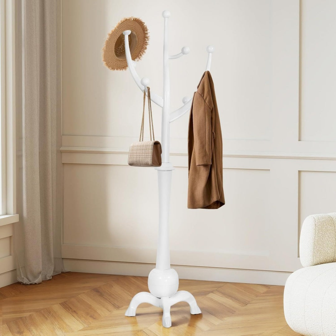 Stehender Stehender Garderobenstaender Weiss holz Stabil Kleiderstaender ist 180 cm hoch mit 8 Haken Baumform-Design