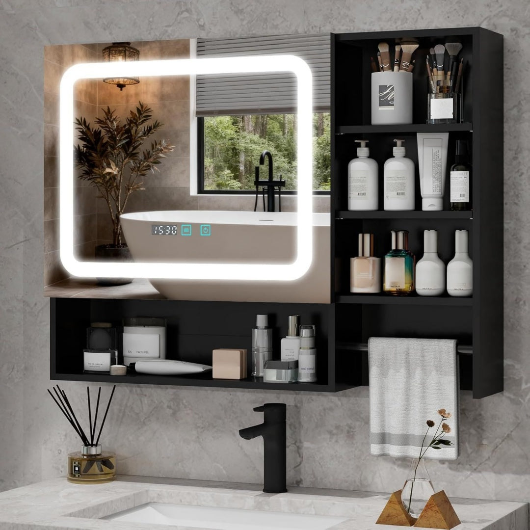 LED Badezimmer-Spiegelschrank Anti-Beschlag mit 6 Regal Tuer Handtuchhalter Schwarz 80x60 cm Badschrank mit LED-Spiegel Beschlagfrei