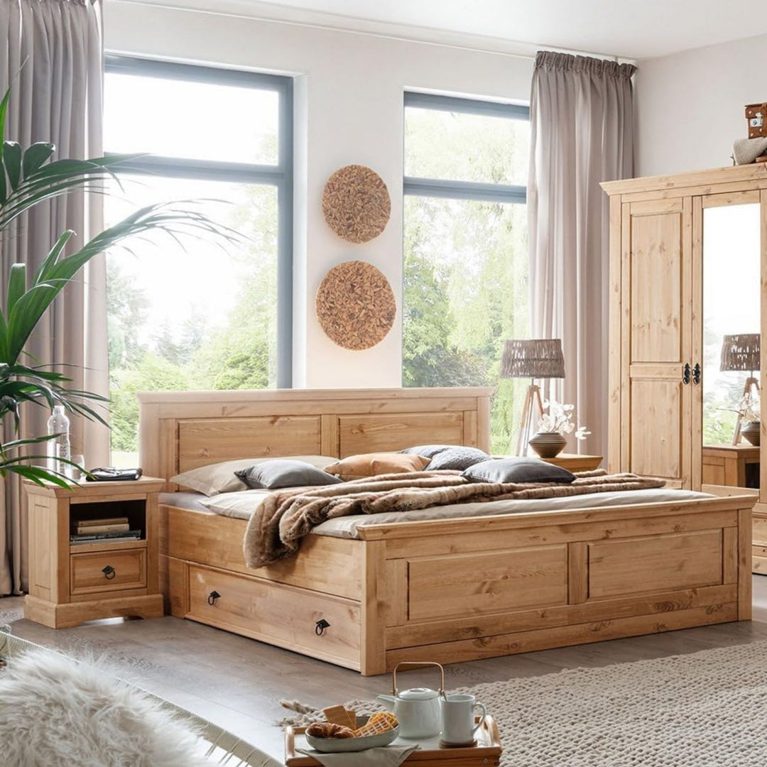 Schlafzimmer Set 5-teilig mit Doppelbett 180x200cm 2 Bettschubladen 2 Nachttische in Kiefer massiv