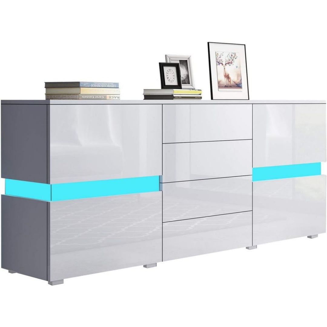 Sideboard Kommode in Highboard Anrichte Standschrank mit 2 Tueren 4 Schubladen und LED Beleuchtung 177 cm 2 Tueren Weiss hochglanz 4 Schubladen