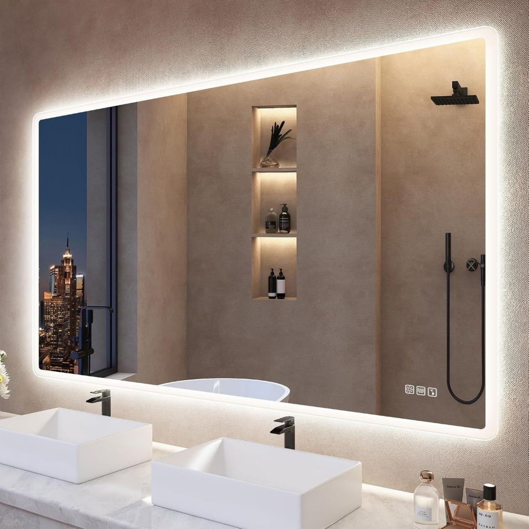 Bluetooth Badspiegel-mit-Beleuchtung 140x80cm Entfoggen Led-Badezimmerspiegel-mit-Licht 3 Farben