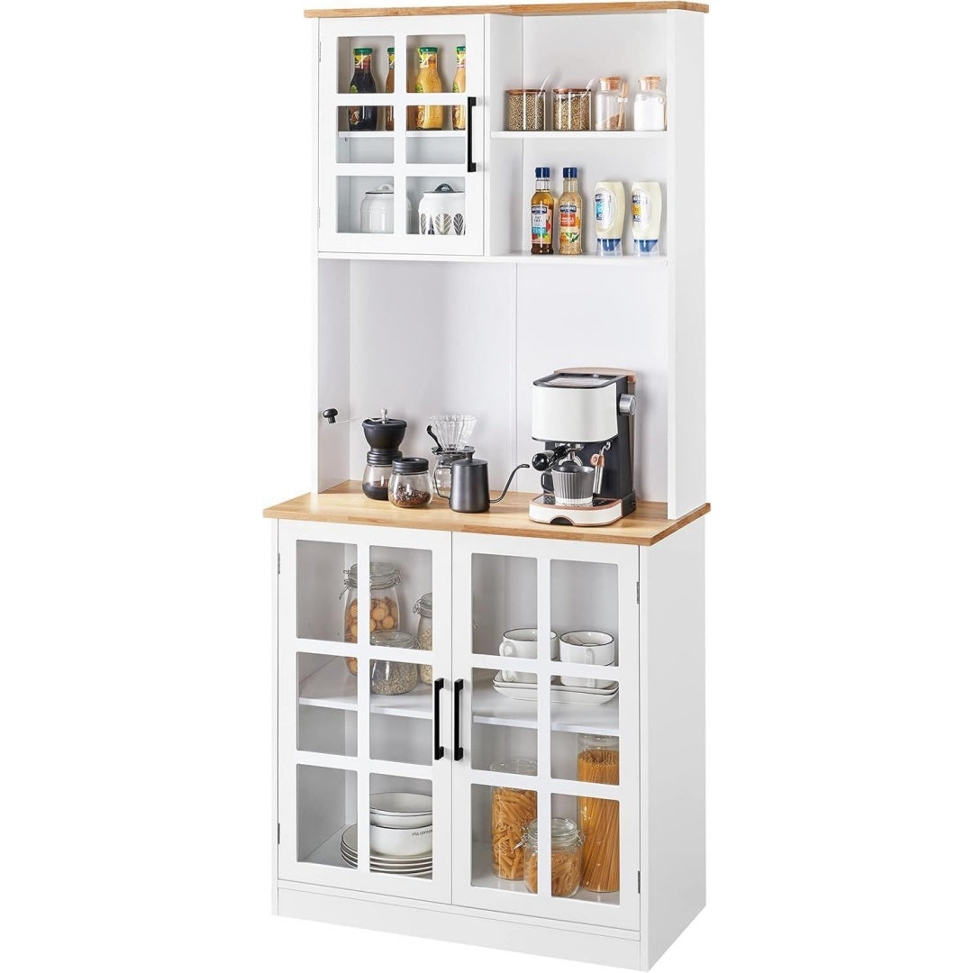Kuechenschrank 183 cm Weiss Vorratsschrank Hochschrank mit Glastueren Offenen Ablagefaecher Mehrzweckschrank Geschirrschrank fuer Esszimmer