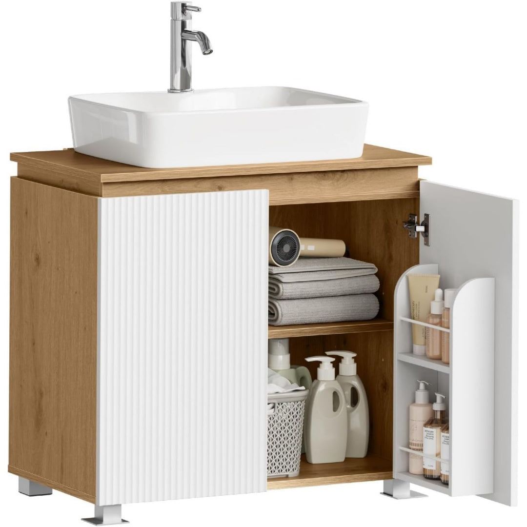Waschbeckenunterschrank Blau weiss 70 x 40 x 65 cm 2 Tueren Tuerfaecher