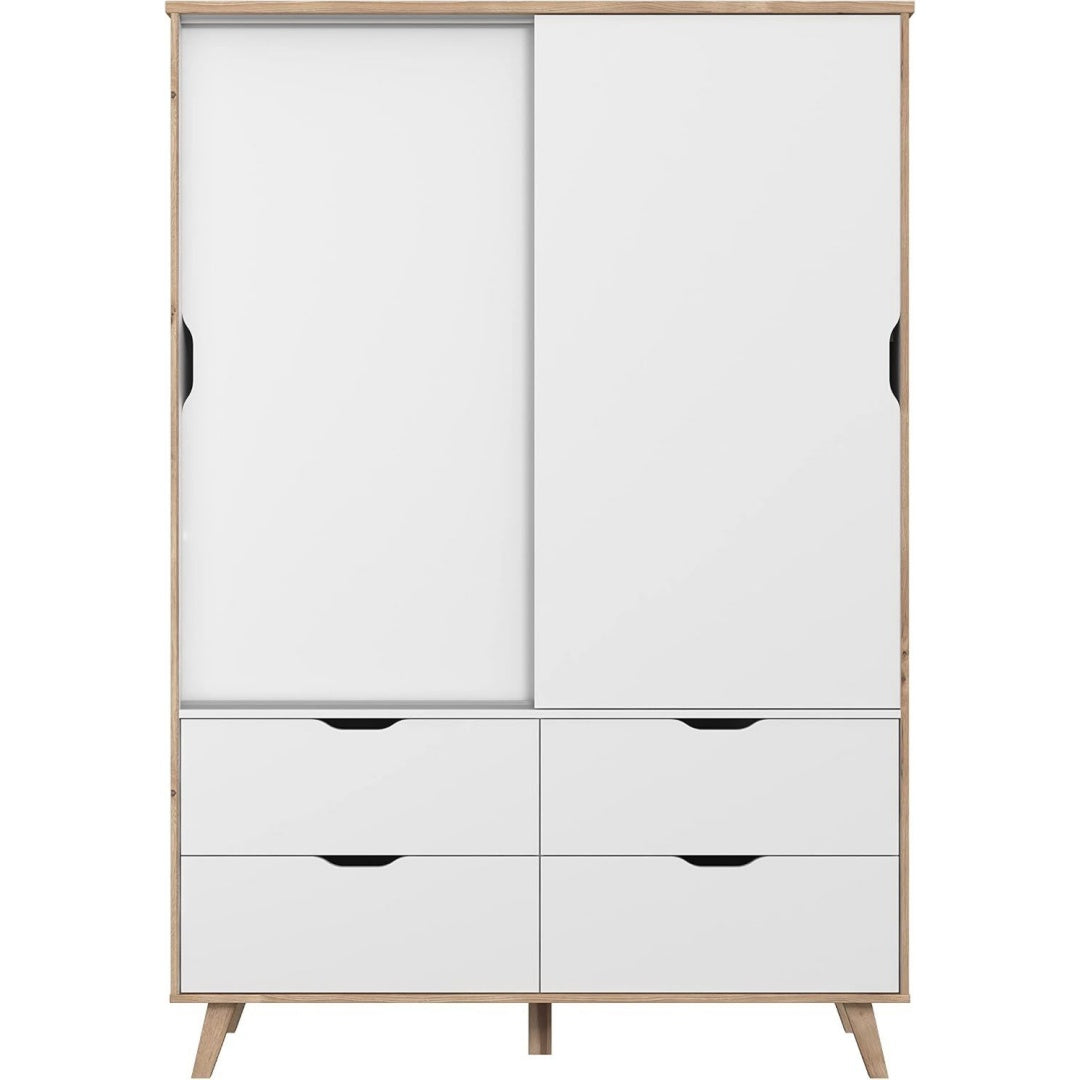 Schrank 140 Kleiderschrank Schiebetueren Skandinavischer Stil 2-tuerig mit 4 Schubladen Schlaf- oder Kinderzimmer Holzdekor mit 139 cm breit x