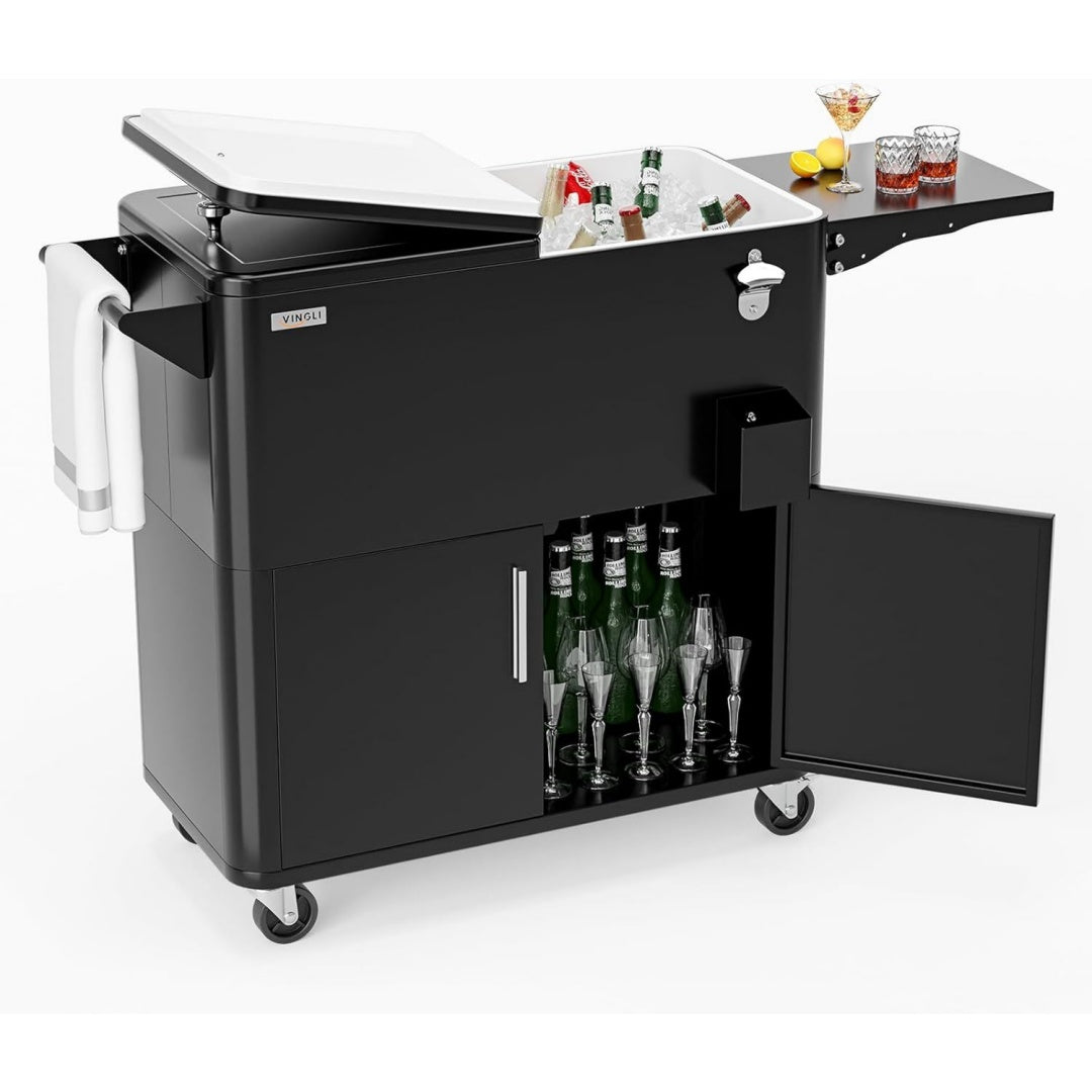 76L Getraenkekuehler auf Rollen mit Stauraumschrank Mobiler Kuehlwagen mit Flaschenoeffner Blau schwarz 78 x 39 x 84 cm Ablauf Rollen