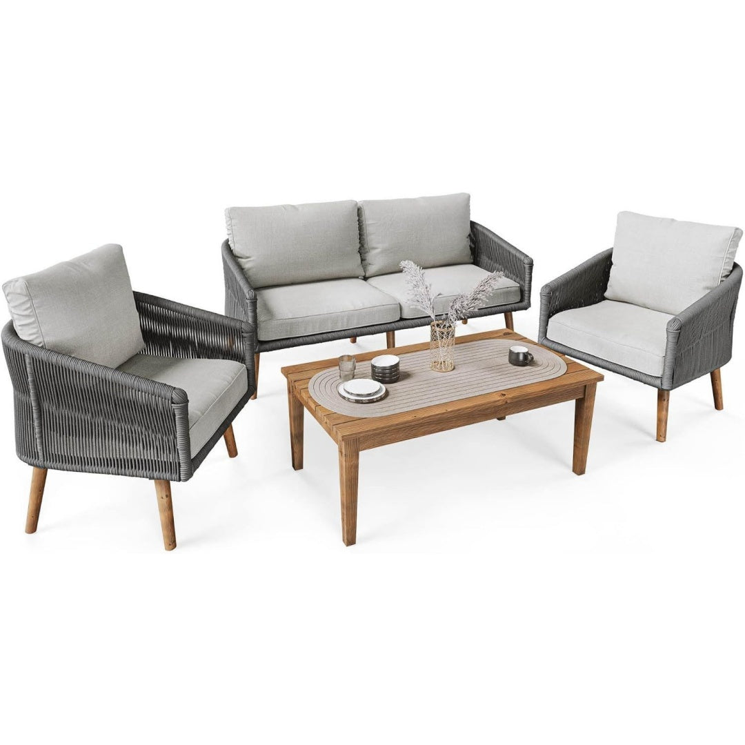 Gartenmoebel Set Seilgeflecht Akazienholz 4-Sitzer Matera Sitzgruppe Grau holz Gartenlounge Outdoor Moebel