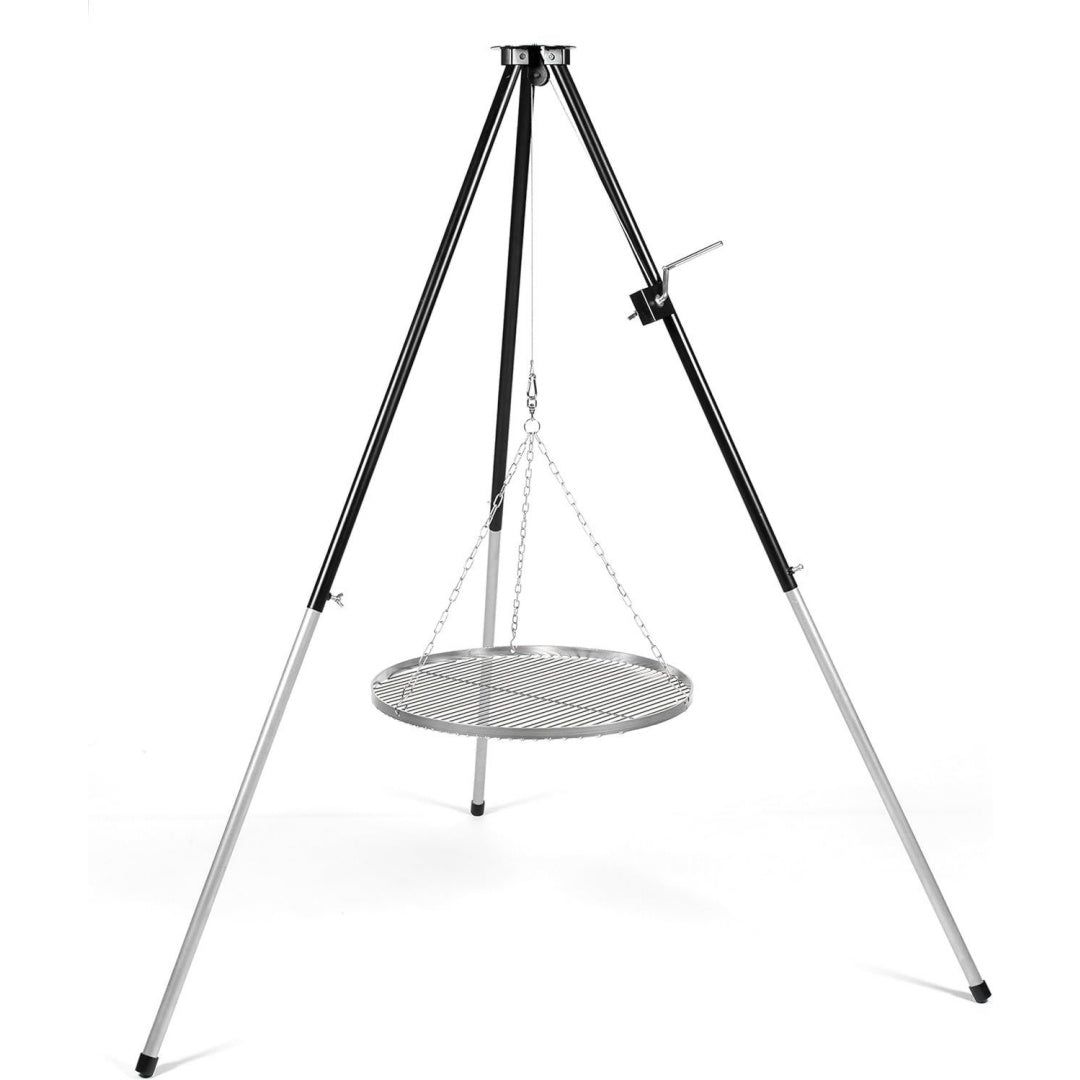 Dreibein Schwenkgrill hoehenverstellbar mit Kurbel inkl. 70 cm Grillrost Tragetasche stabiles Grillgestell fuer Camping edelstahl Garten Lagerfeuer