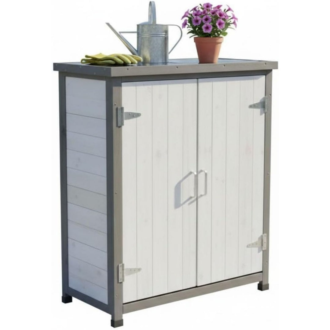 Geraeteschrank Gartenschrank mit Einlegeboden Massives Fichtenholz Weiss holz 75x40x90 cm wetterfest silberfarbene Beschlaege