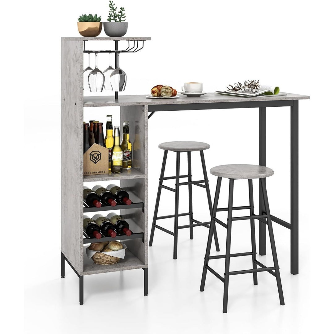 Bartisch mit Barhocker Set Grau 2 Personen Bartisch Set mit Halterungen fuer Weinglaeser und Flaschen Kuechentheke fuer Wohnzimmer