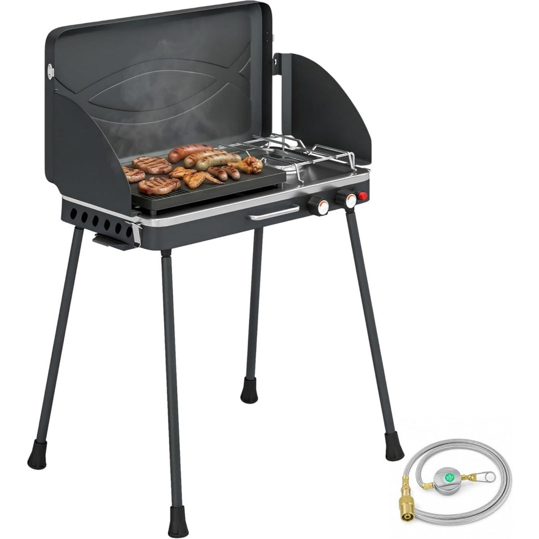 Tragbarer Gasgrill 2 Brenner 7 kW 2-in-1 Tischgrill Windschutz Mit Klappbaren Beinen Braten Grillrost