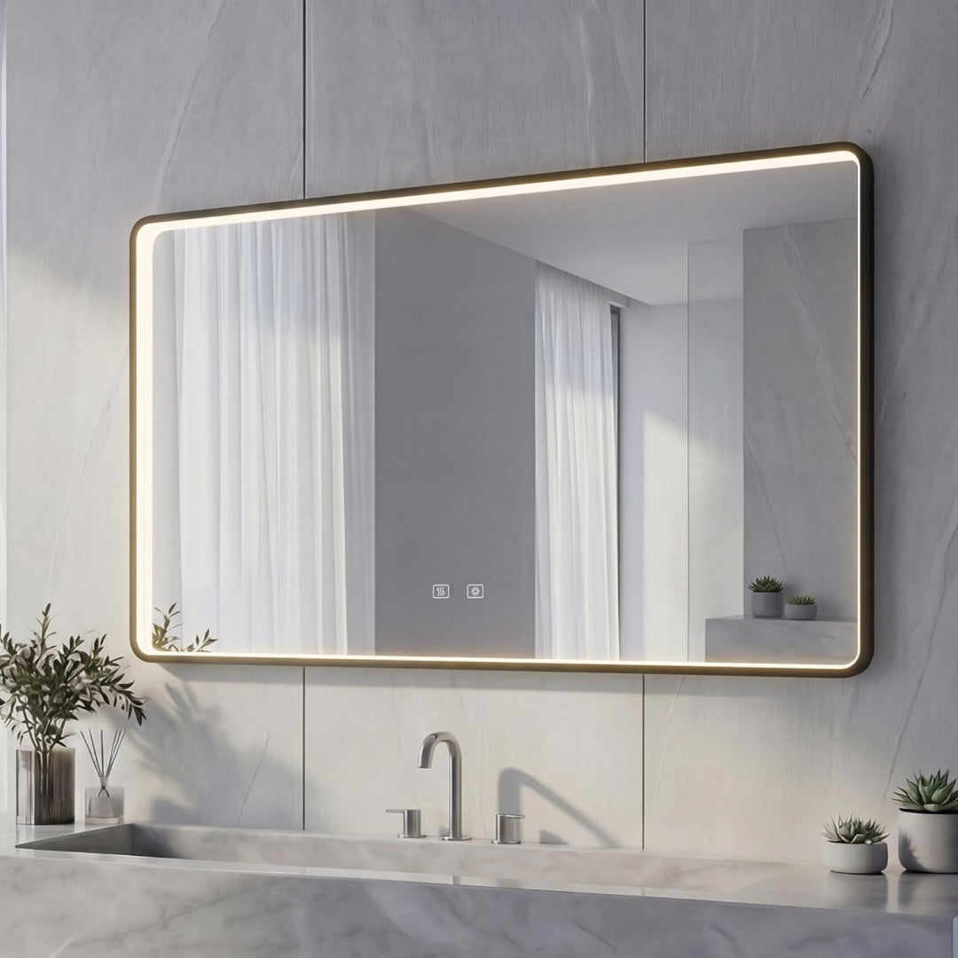 LED Badspiegel mit Aluminiumrahmen Bluetooth Silber HD -Spiegel 3 Lichtfarben Dimmbar Wandspiegel mit Touch-Schalter Anti-Beschlag Modernes Design