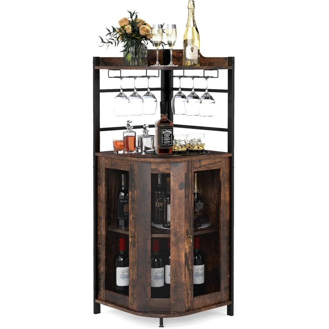 Weinschrank Eckschrank Industrial Schwarz 46 x 46 x 130 cm Barschrank mit Glashalter Weinbarschrank mit verstellbarem Regal