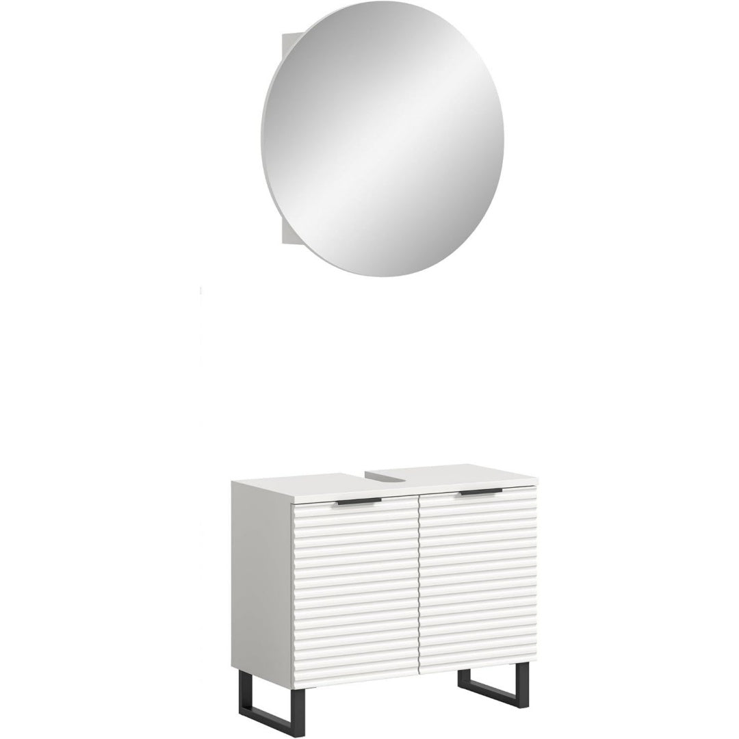 Badezimmer 2tlg. Kombination Badmoebel Set kleine Baeder Komplettprogramm Bademoebel-Set in Waschbeckenunterschrank Spiegelschrank rund Weiss