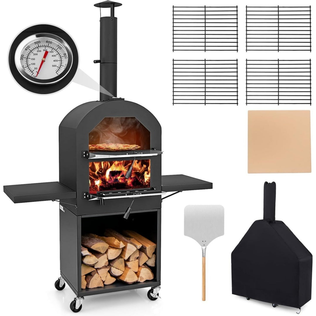 Outdoor Pizzaofen Rot holzbefeuerter Pizzabackofen mit Raedern Abdeckung