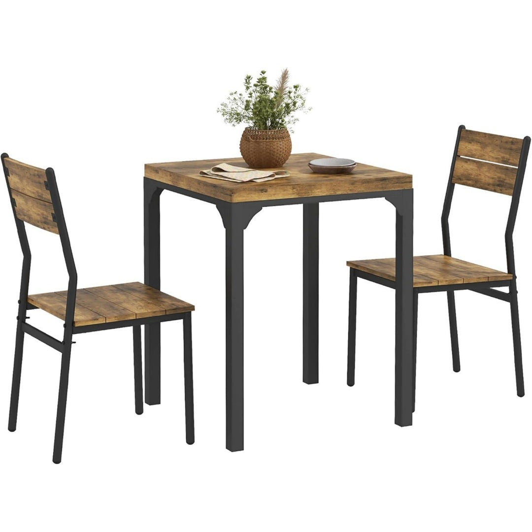 3-teilige Essgruppe mit 2 Stuehlen 4 cm Tischplatte Rustikal- Esstisch Braun Sitzgruppe Kuechentisch mit Metallgestell