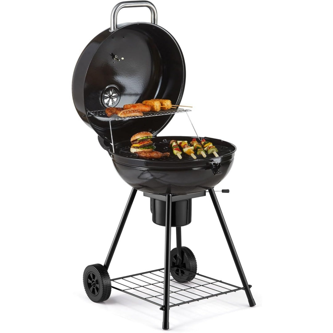 Kettle Holzkohlegrill mit Deckel 53.3cm Tragbarer Kugelgrill mit Warmhalterost Temperaturanzeige Ablage