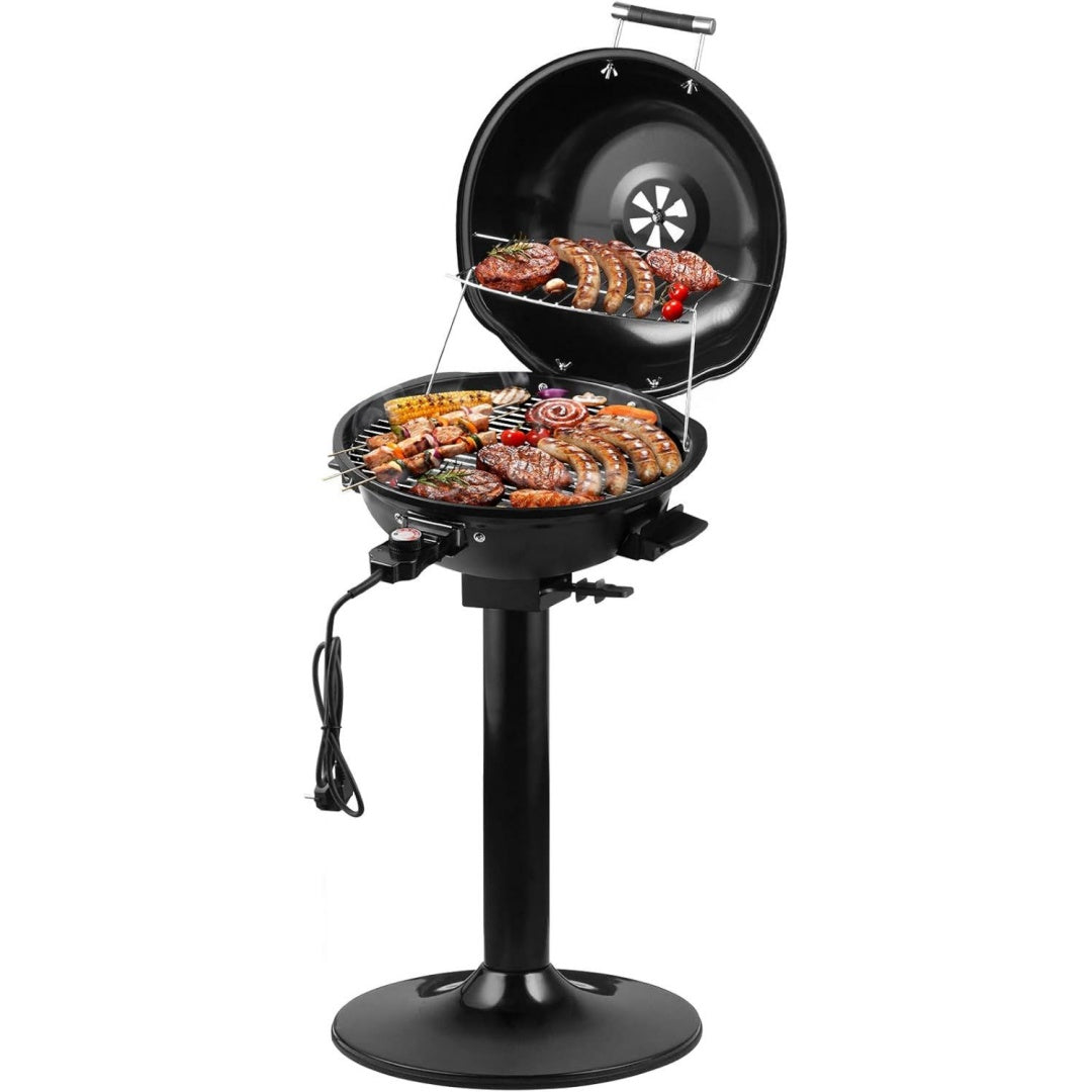 Elektrogrill Standgrill mit Deckel und Standfuss Regulierbare Temperatur und Fettauffangschale Elektrischer Barbecue-Grill fuer Aussennutzung