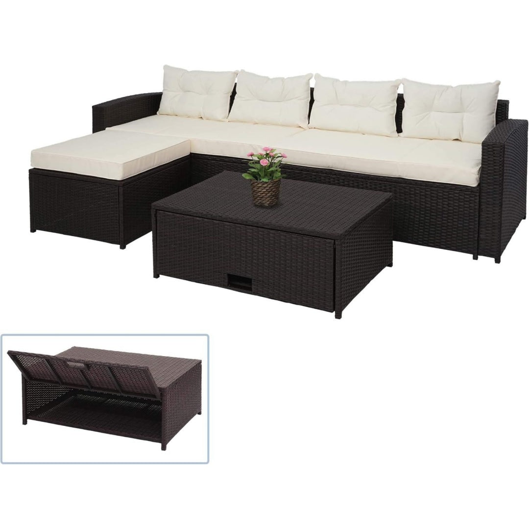 Poly- Garnitur Staufach - Braun beige Kissen - Balkon-/Garten-/Lounge-Set Sitzgruppe