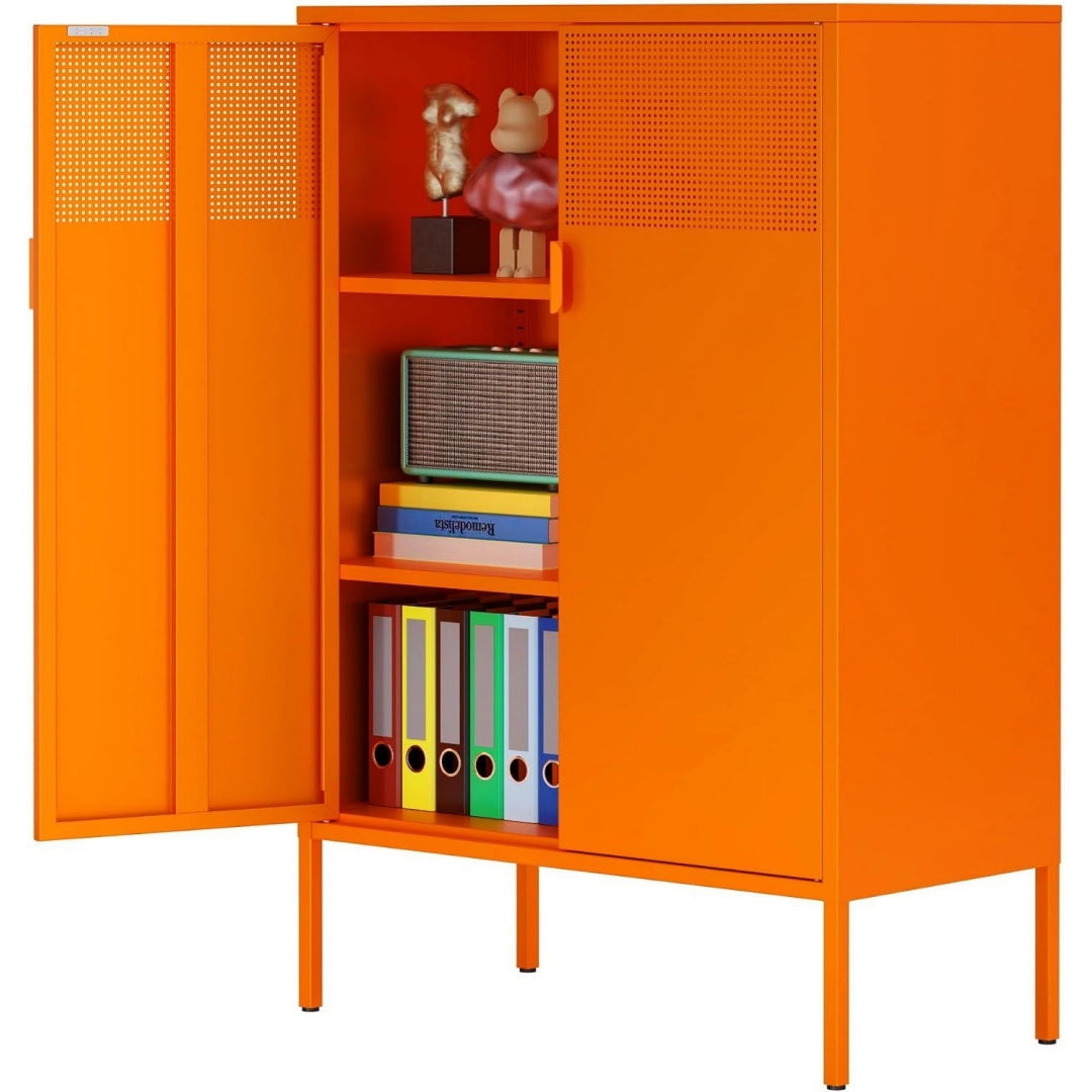 Metall Kommode 80 cm Breit Orange Aufbewahrungsschrank Sideboard mit 2 Mesh Tueren Metallschrank in