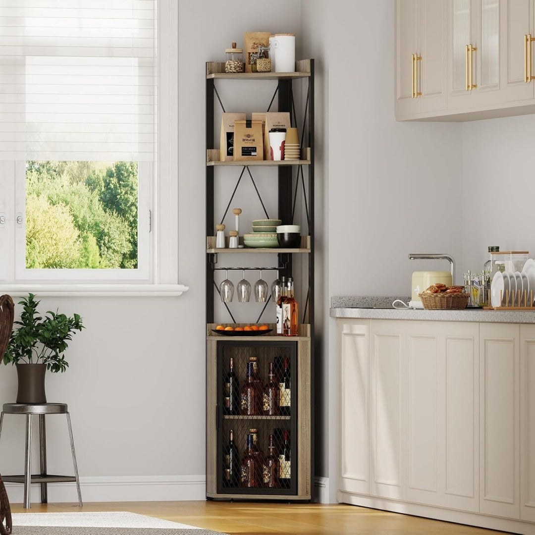 Eck-Barregal Weinschrank im Industrie-Stil mit Glashalter Grau verstellbaren Regalboeden Mesh-Tuer
