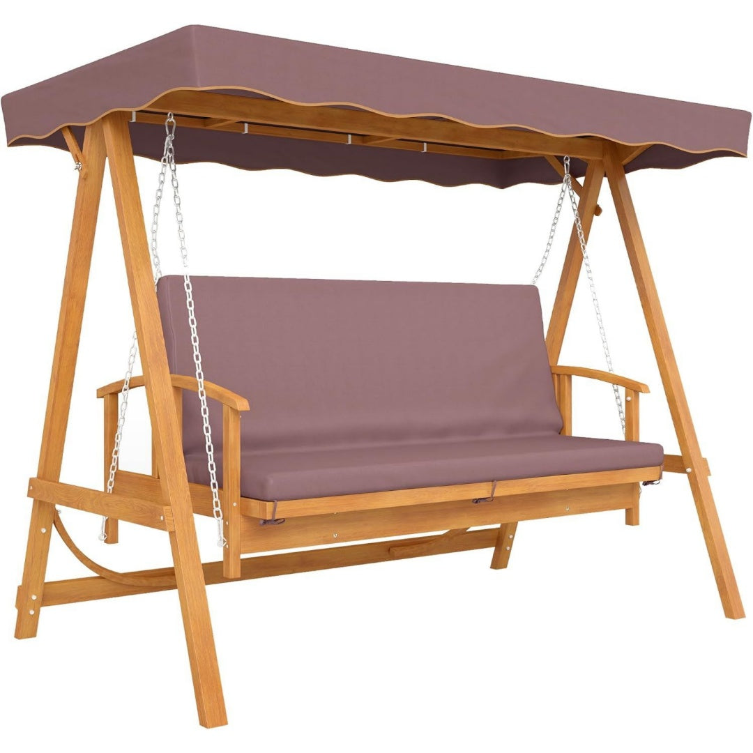 2 in 1 Hollywoodschaukel mit Liegefunktion 3-Sitzer Gartenschaukel aus Braun holz 236x130x181 cm Holzschaukel mit Sonnendach Sitzauflage Schaukelbank