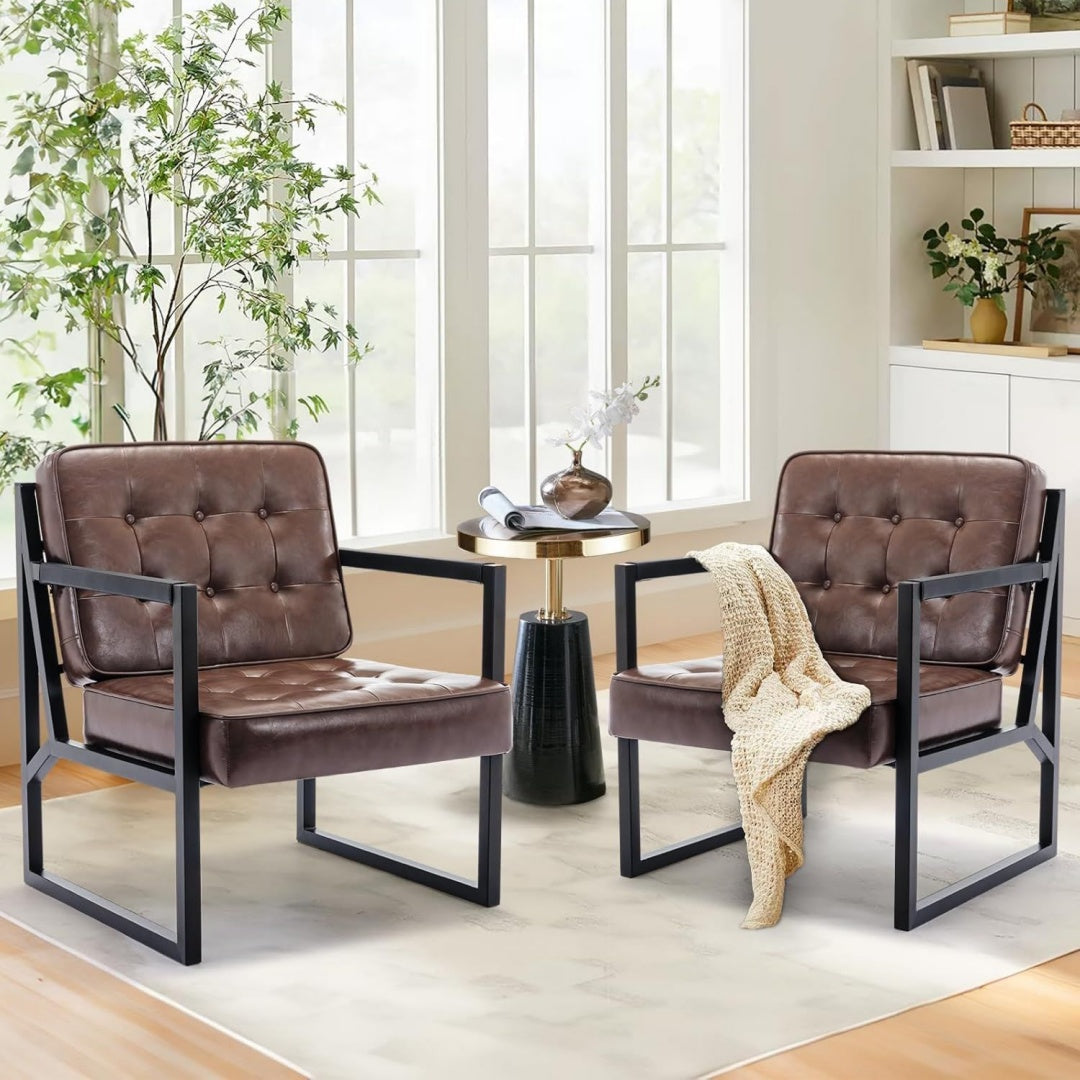 Ohrensessel Sessel Wohnzimmer 2er Set Braun Leder Accent Chair Mid Century Modern Kunstleder Empfangssessel mit Metallbeinen fuer Wohnzimmer