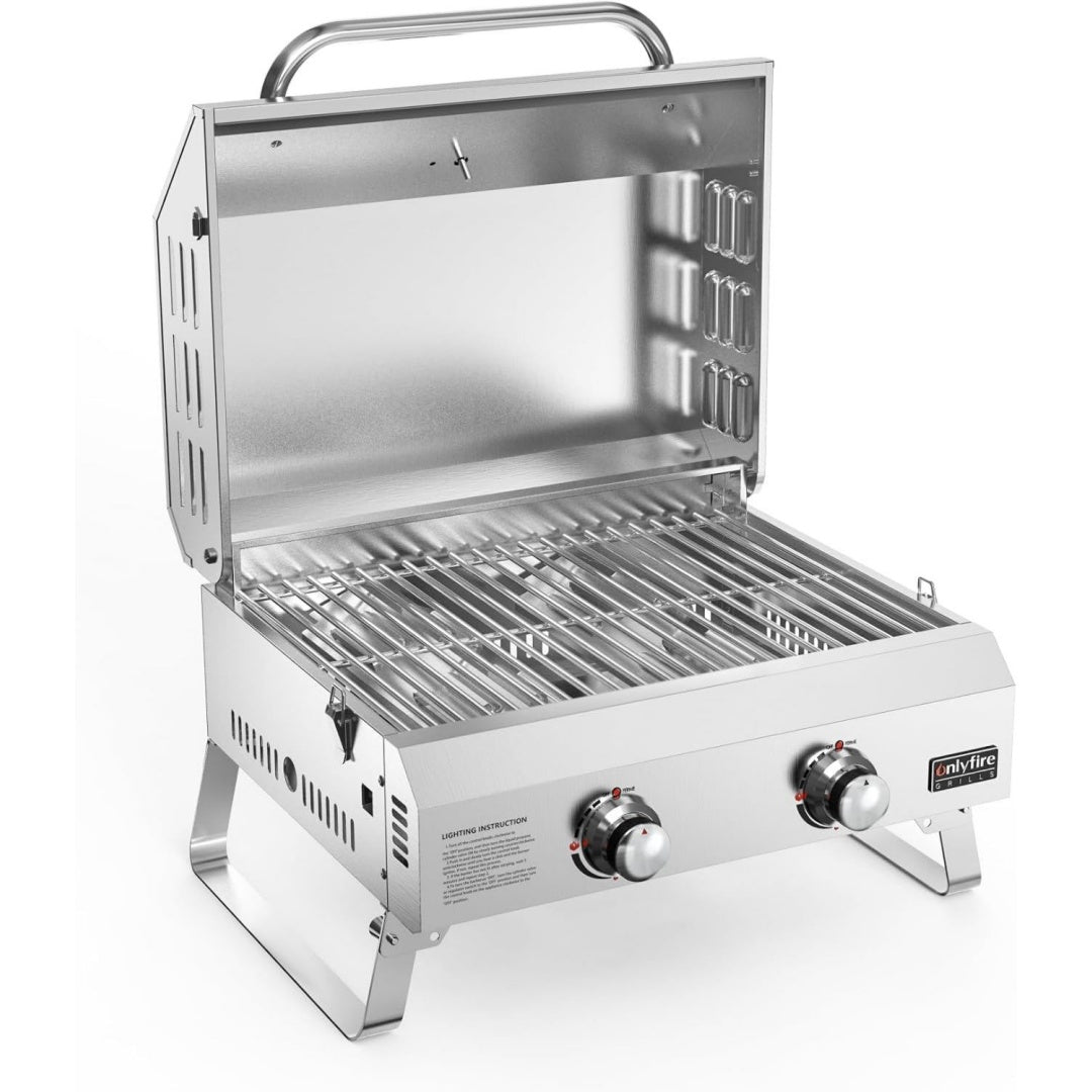 Tischgasgrill 2 Edelstahlbrennern 46x35cm Tischgrill mit Deckel Grillrost
