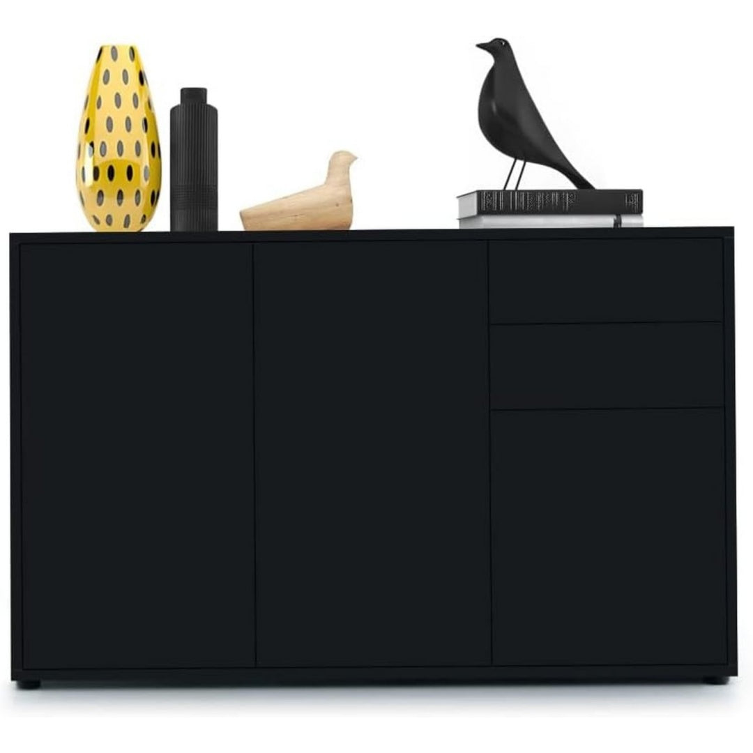 Sideboard V3 Schwarz matt 117 x 74 x 36 cm Kommode mit 3 Tueren und 2 Schubladen