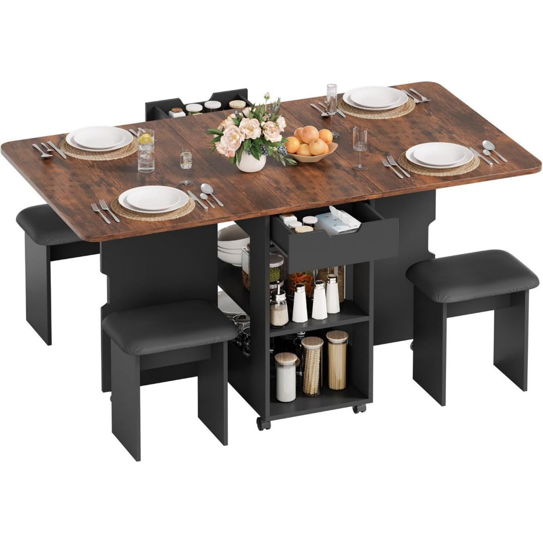 Essgruppe mit Klapptisch und 4 Stuehlen platzsparender Esstisch 3-in-1 Klapptisch mit Rollen 2 Schubladen und 2 offenen Ablagen fuer Essen