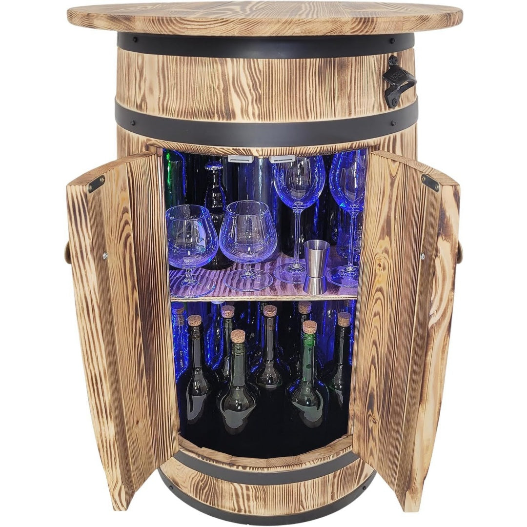 Holzbar Fass mit RGB LED Ablage zur Aufbewahrung von Alkohol 80x55x44 cm Dekoratives Barschrank mit Regalboeden und Tueren Weinregal fuer Wohnzimmer